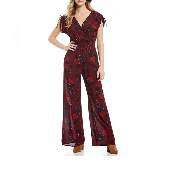 Band of Gypsies Pants - Band of Gypsies Morgan Wide Leg Floral Jumpsuit Burgundy with Roses Sz M